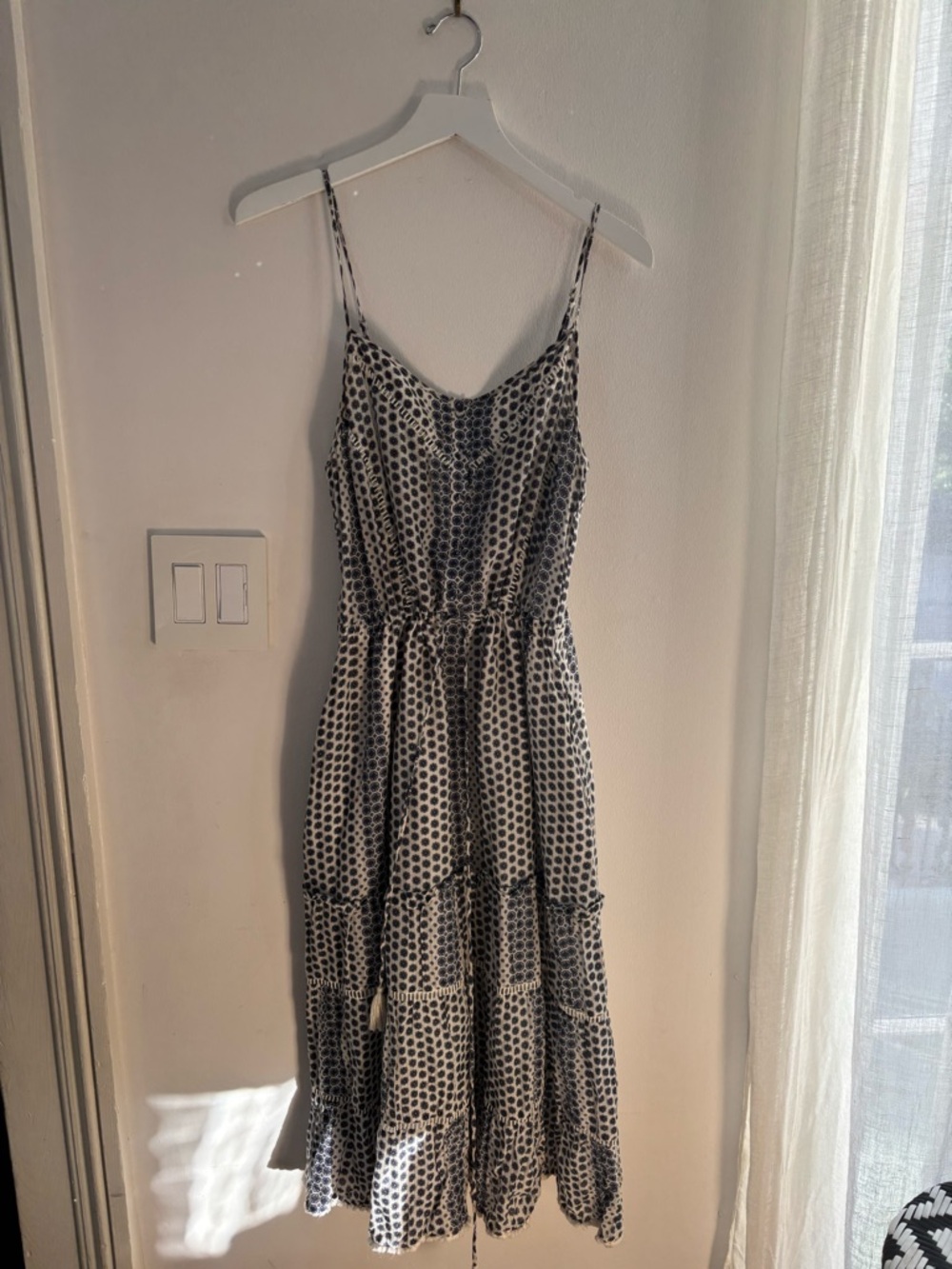 Blue and White Polka Dot Tiered Midi  Dress
